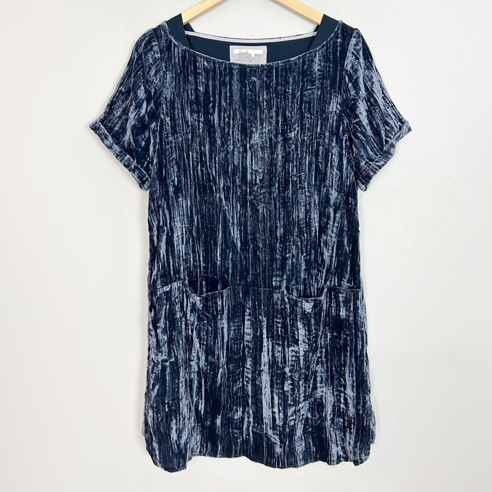 Anthro Floreat Blue Crushed Velvet Short Sleeve Dress with Pockets Size Medium